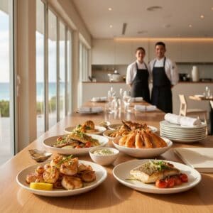 A delicious seafood meal served in a bright, modern restaurant overlooking the ocean, with chefs in the background preparing for service.