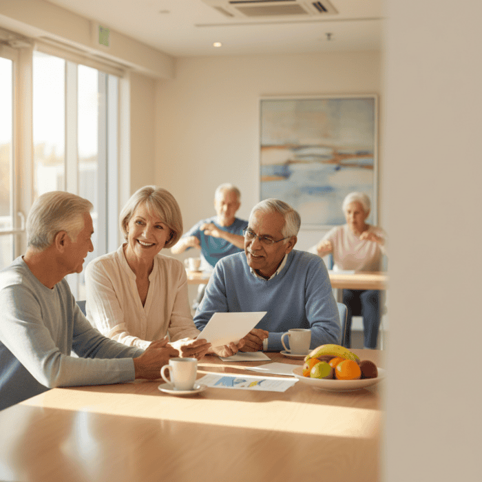 Senior adults engaging in a group activity, smiling and interacting in a comfortable, well-lit environment.