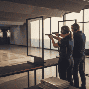 Two individuals practicing shooting at an indoor gun range with safety gear, focusing on target accuracy and firearm handling skills.
