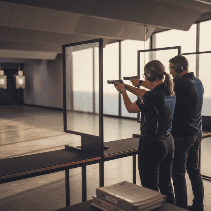 Two individuals practicing shooting at an indoor gun range with safety gear, focusing on target accuracy and firearm handling skills.