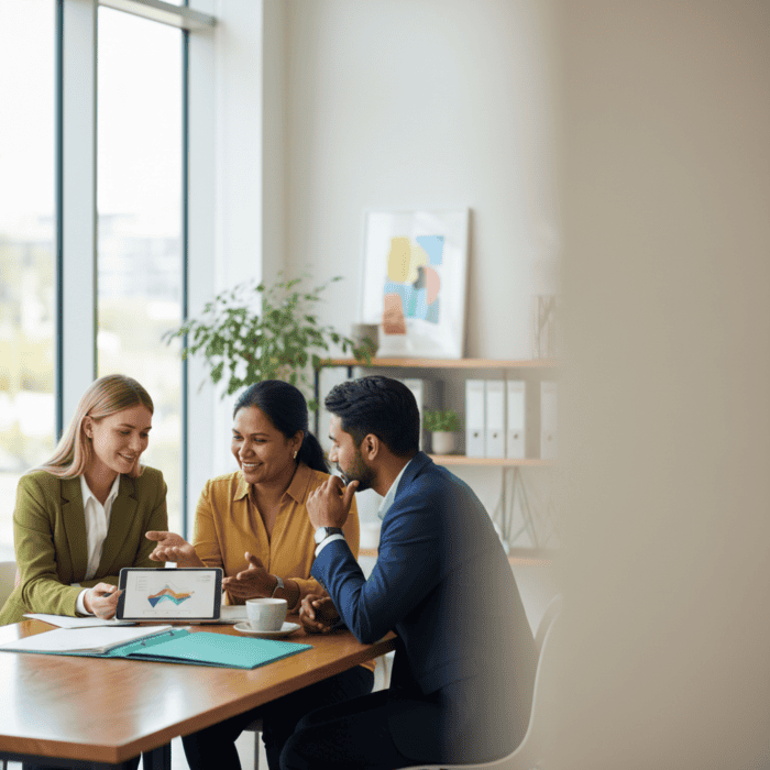 Group of professionals discussing data and strategies during a business meeting in a modern office, emphasizing teamwork, technology, and corporate collaboration.