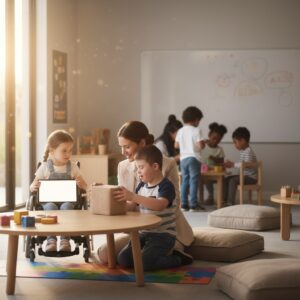 A teacher and young children participating in educational activities in a bright, modern classroom setting with natural sunlight and learning materials.