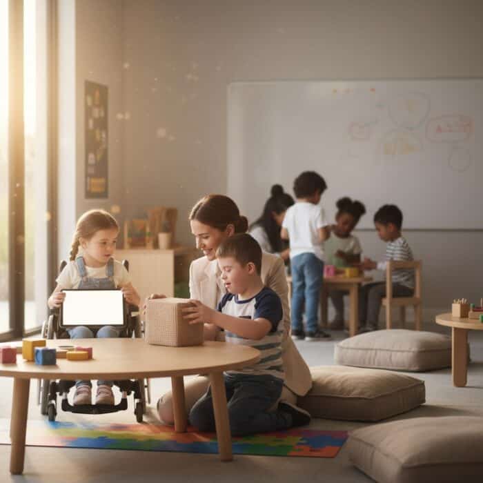 A teacher and young children participating in educational activities in a bright, modern classroom setting with natural sunlight and learning materials.