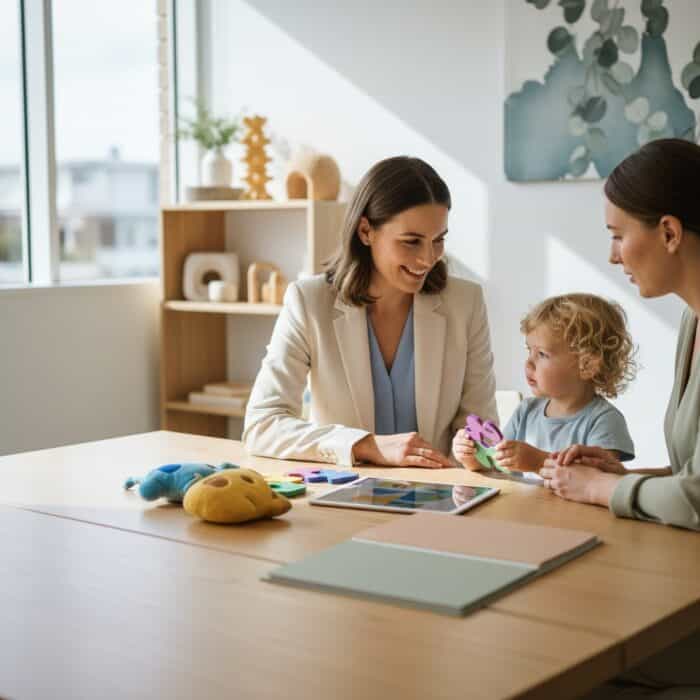 Friendly customer support team providing assistance to a mother and child at a modern office desk, showcasing professional service and engagement.