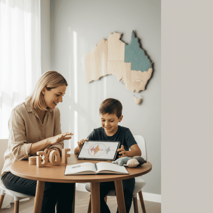 A woman and a young boy engaging in speech therapy using a tablet at a table, with educational toys and a map of Australia on the wall behind them.