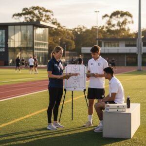 An image of three soccer coaches analyzing tactics on a sports field, with a whiteboard showing a soccer formation, during a training session at sunset.