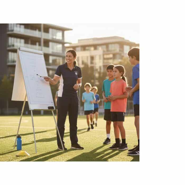 Female soccer coach instructing children during outdoor training session on a sunny day, with kids listening attentively, in front of a whiteboard on a sports field.