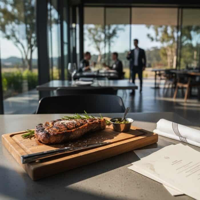 Delicious grilled steak served on a wooden board with herbs, in a modern restaurant setting with large windows and a view of trees outside.