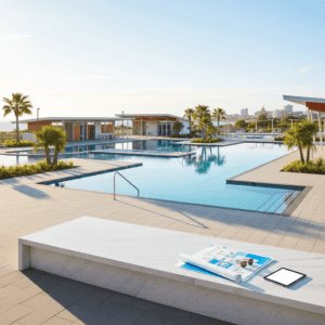 A serene outdoor pool area with lounge chairs, palm trees, and a city skyline, perfect for relaxation and leisure.