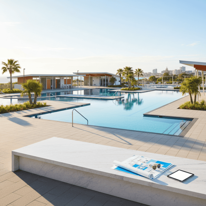 A serene outdoor pool area with lounge chairs, palm trees, and a city skyline, perfect for relaxation and leisure.