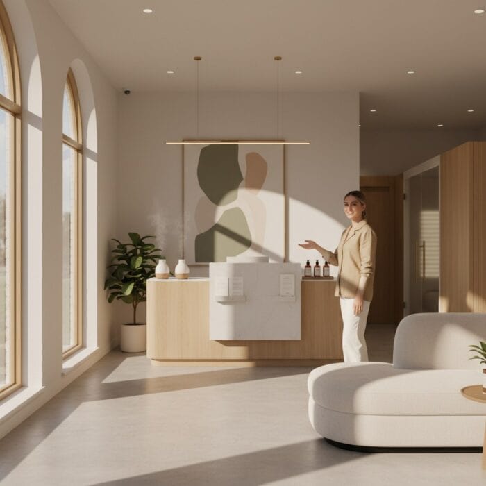 Modern reception area featuring a woman standing near a wooden desk, with large arched windows allowing natural sunlight, minimalist decor, and a comfortable seating area.