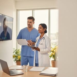 Two healthcare professionals, a male nurse and a female doctor, engaging in a virtual consultation via a large screen in a modern medical office, emphasizing telehealth and digital health services.