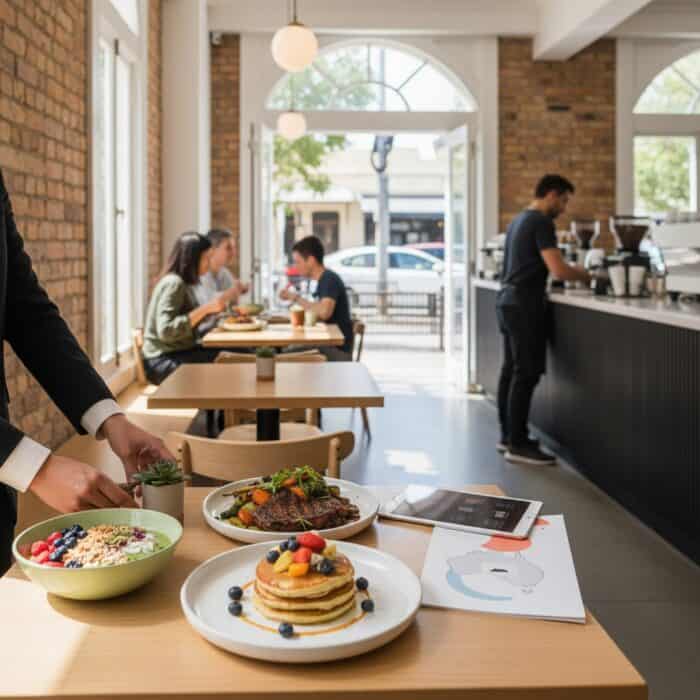 Bright breakfast cafe scene with pancakes, fresh fruit, coffee, and customers enjoying their meal in a cozy, modern setting.
