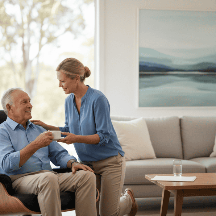 An elderly man receiving assistance from a caregiver in a cozy, well-lit living room, emphasizing compassionate elderly care and support services.