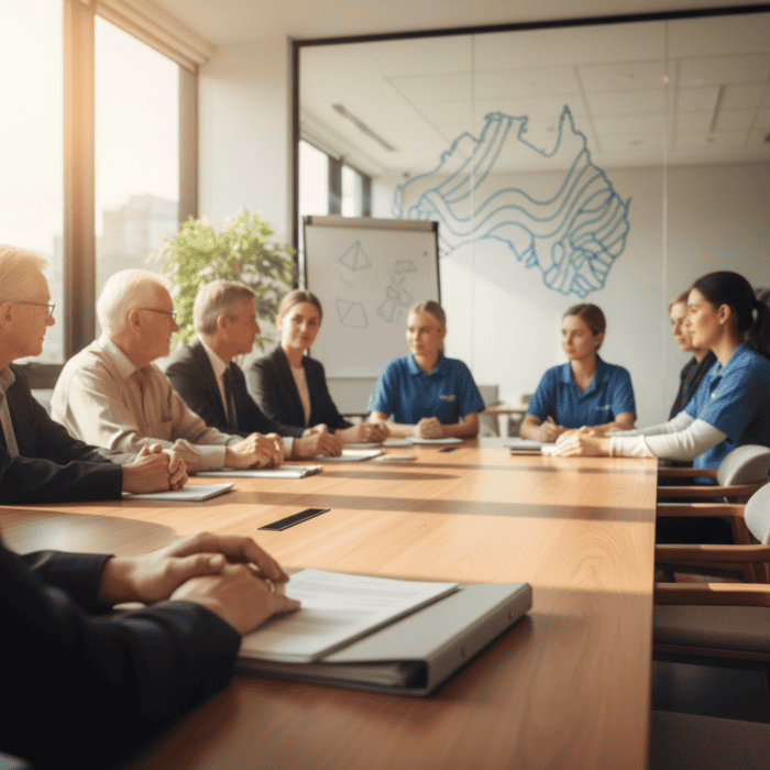 A professional business meeting with diverse team members discussing strategies in a bright, modern conference room with large windows and a map of Australia on the wall.