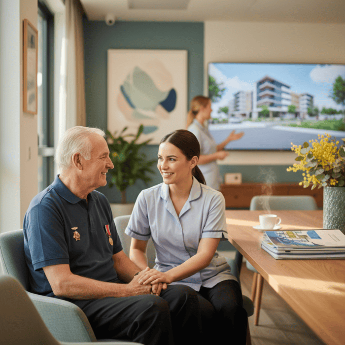 Friendly senior care consultation with a healthcare professional and an elderly man in a comfortable, well-lit room, emphasizing compassionate elderly support and modern healthcare services.