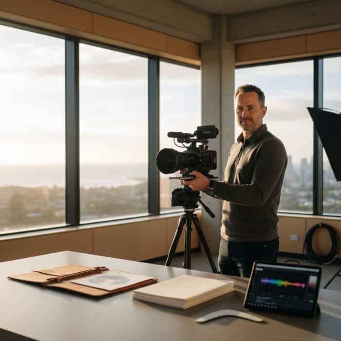 A man operating a professional video camera in a bright, modern office with large windows overlooking a cityscape, showcasing high-quality video production services.