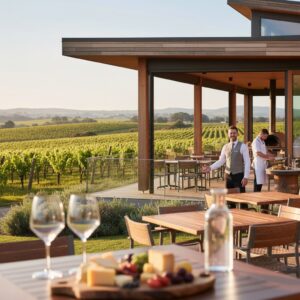 A man serving wine at an outdoor vineyard restaurant with scenic countryside views, perfect for wine tasting and dining experiences.