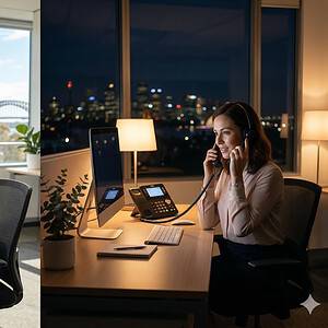 AiDial customer support agent working in bright daytime office and nighttime environment, providing professional assistance via computer and headset, with city skyline views.