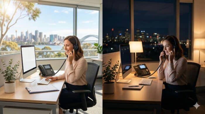 AiDial customer support agent working in bright daytime office and nighttime environment, providing professional assistance via computer and headset, with city skyline views.