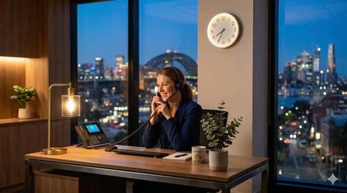 Customer support agent wearing a headset working at night in a modern office with city skyline view, providing professional assistance for AiDial communication solutions.