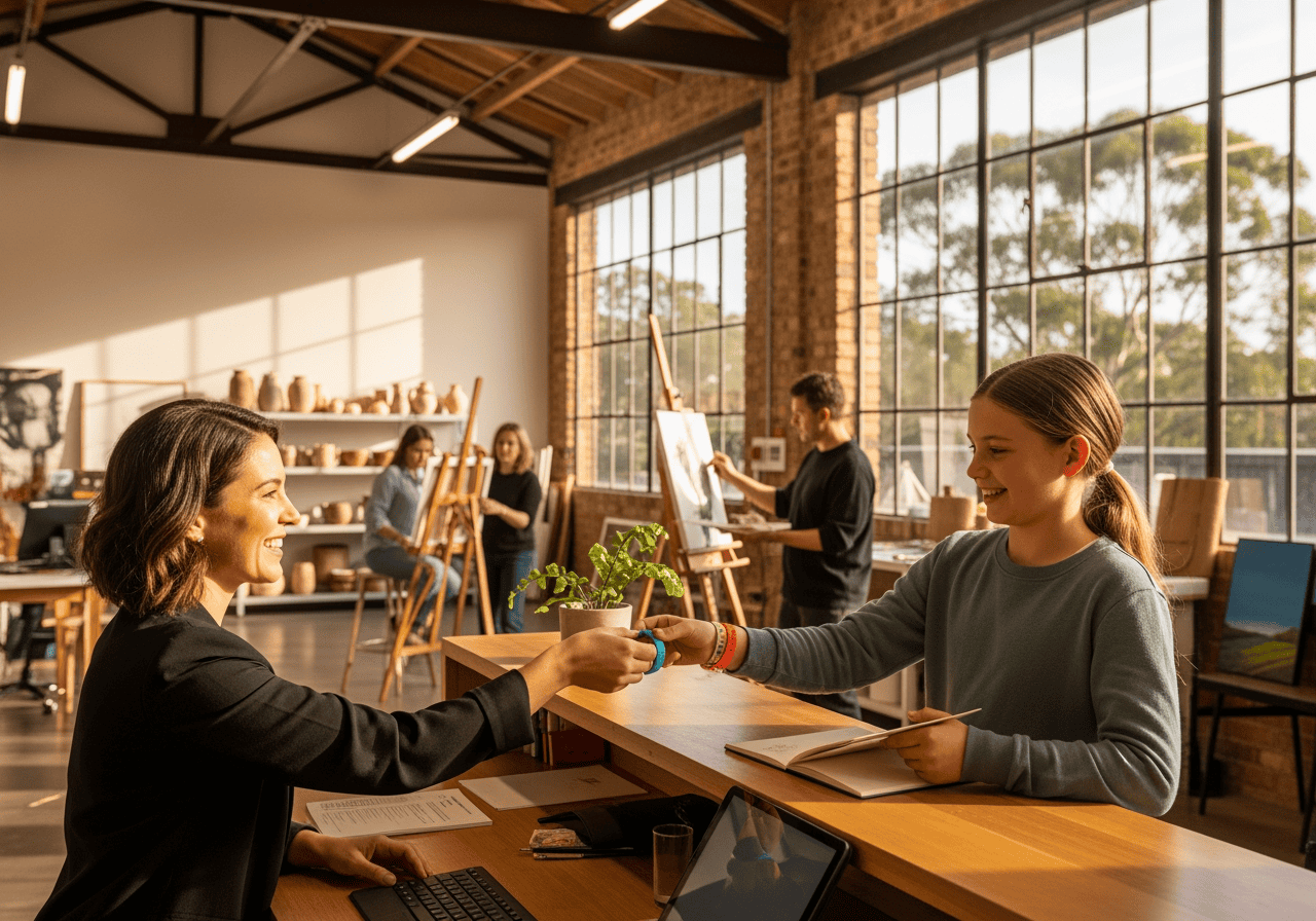 A woman handing a business card to a young girl across a desk in a bright, spacious office with large windows, showcasing professional customer service and communication.