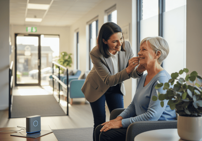 ai call centers - Friendly caregiver providing support and companionship to an elderly woman in a bright, modern living ro...