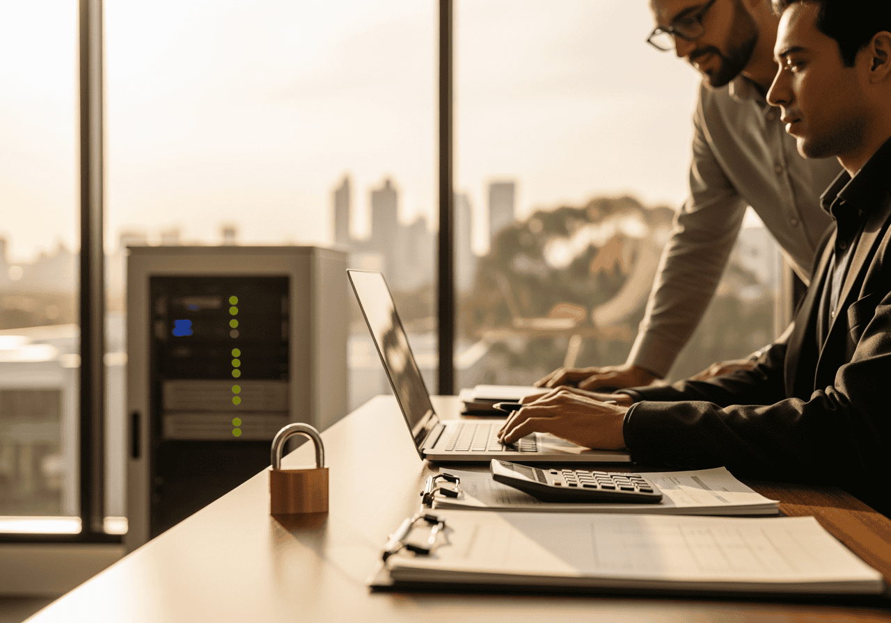 Two professionals collaborating on a laptop during a business meeting in a modern office with city skyline view, highlighting AI-powered communication solutions for businesses.