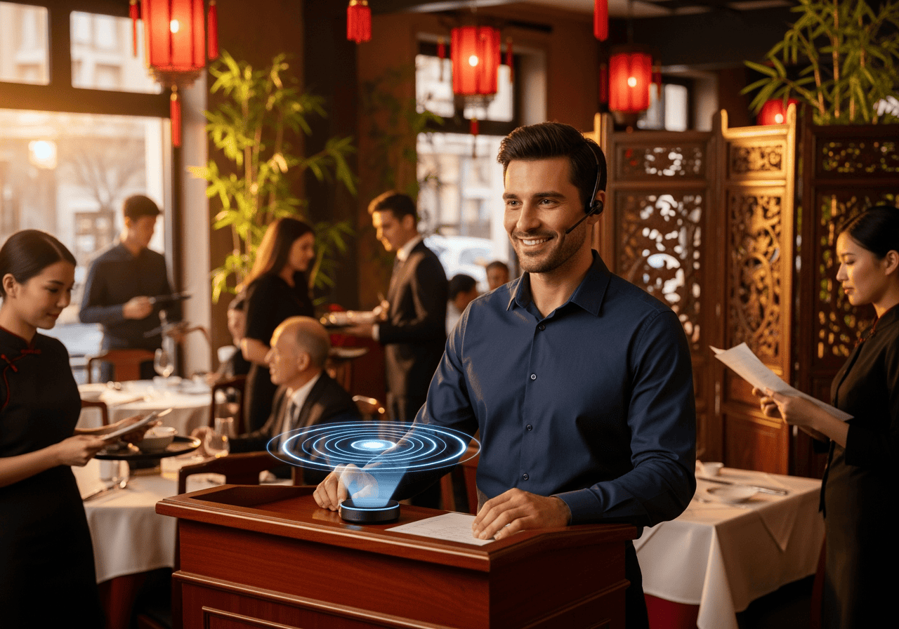 A smiling staff member using AI technology to enhance customer experience in a sophisticated restaurant setting.