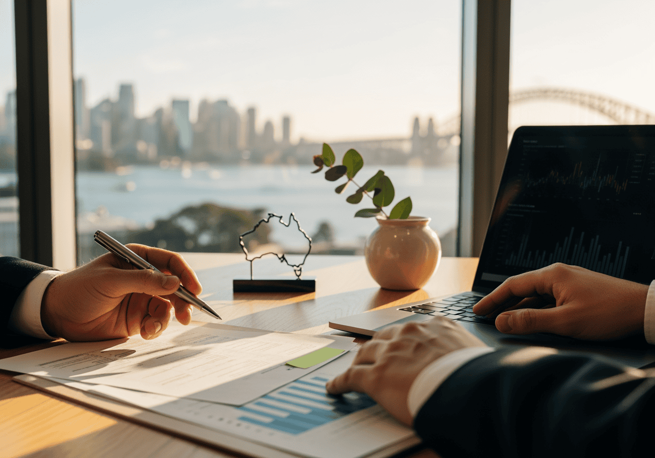 Business professionals discussing data and strategies during a meeting with a city skyline view, featuring a laptop, documents, and a potted plant on the table.