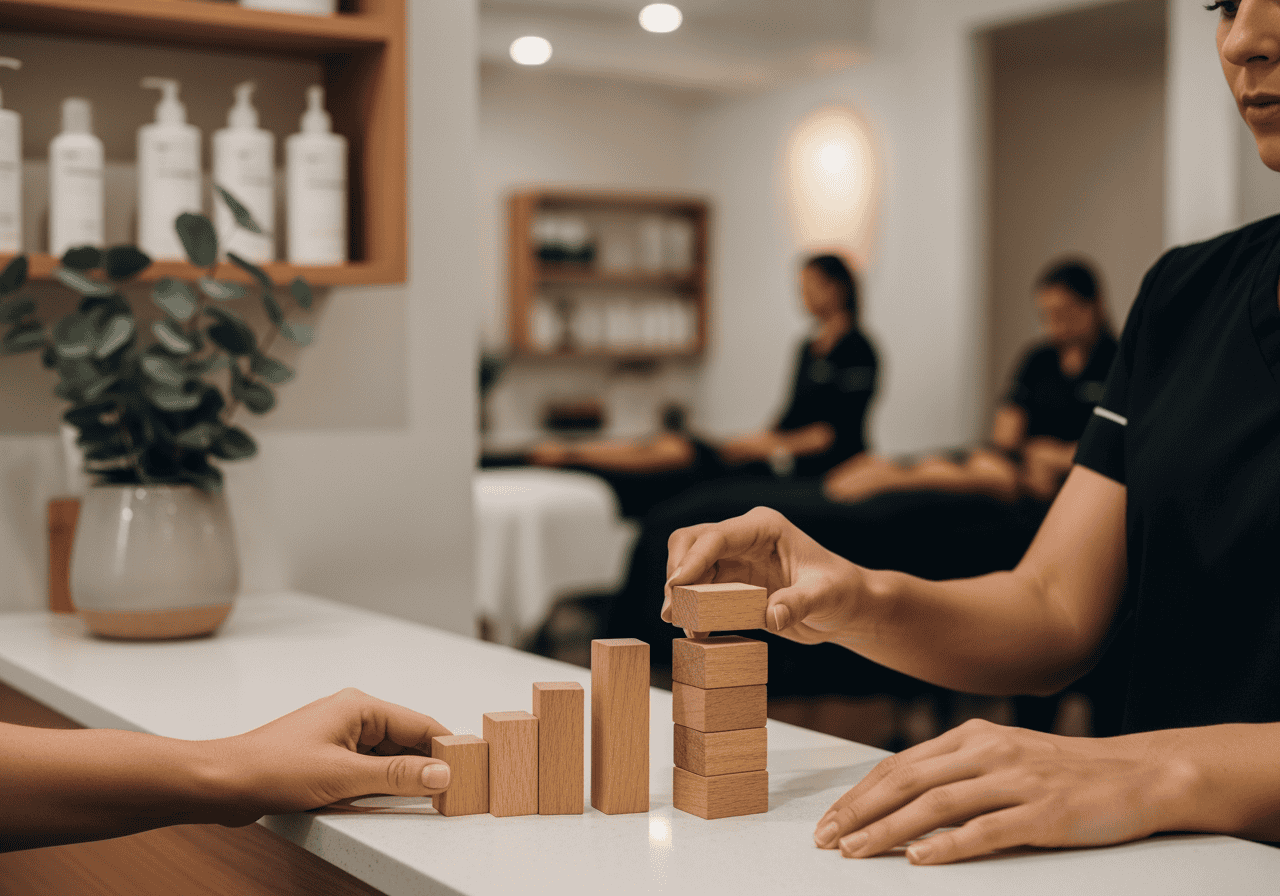 AI Dial business growth strategy using wooden blocks for success and development in a professional setting.