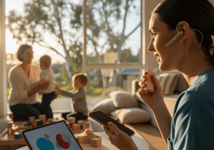 A woman with a headset and smartphone providing support to children playing with toys in a cozy living room during sunset.
