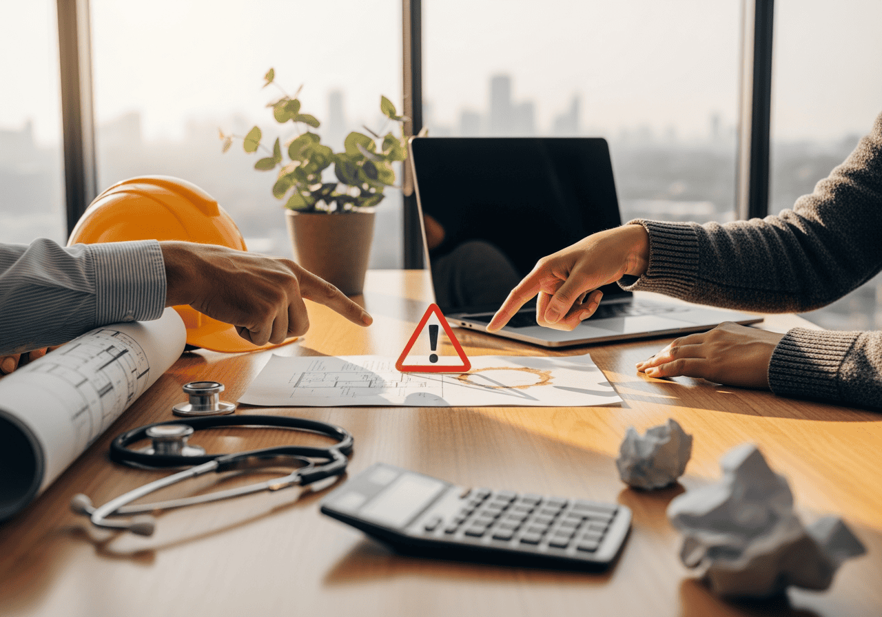 Two professionals pointing at a warning sign on a desk with medical equipment, blueprints, and a laptop, highlighting workplace safety and risk management in a modern office setting.