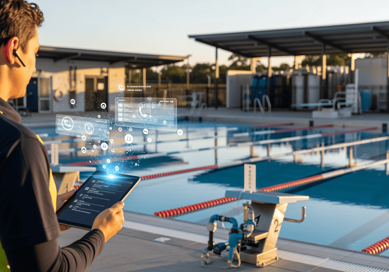 A person using a tablet with digital interface overlays at an outdoor swimming pool, showcasing AI-powered pool management technology for enhanced safety and efficiency.