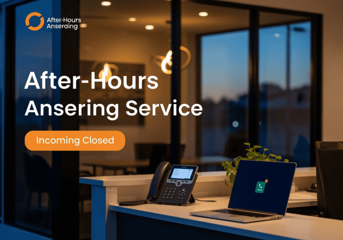 Office desk with a phone and laptop displaying after-hours answering service, showcasing AiDial's professional customer support solutions for businesses outside regular hours.