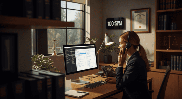 Female customer support agent using AI-powered dialer software on desktop computer in an office, providing efficient customer service with advanced communication tools.