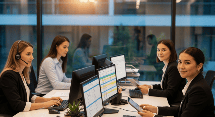 Group of professional customer support agents working at computers in a modern office, providing AI-powered call center solutions for enhanced customer service efficiency.