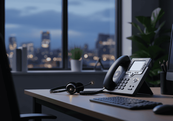 Office desk with landline phone, headset, and keyboard in a modern workspace during evening with city skyline view.