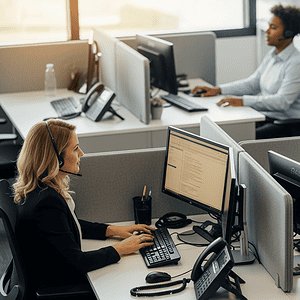 Customer support agents working in a modern call center with headsets, computers, and multiple workstations, providing efficient customer service and technical assistance.