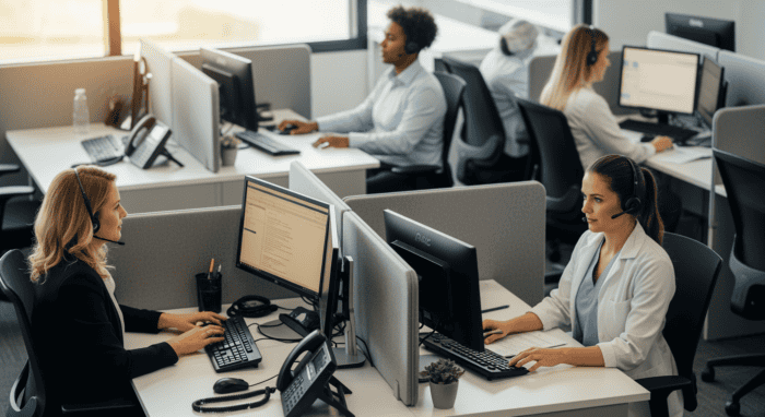 Customer support agents working in a modern call center with headsets, computers, and multiple workstations, providing efficient customer service and technical assistance.