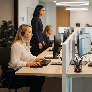 Customer support team working in a modern office with headsets, computers, and collaborative workspace, showcasing AiDial's professional call center services and customer engagement solutions.