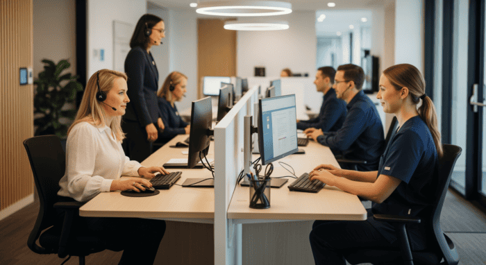 Customer support team working in a modern office with headsets, computers, and collaborative workspace, showcasing AiDial's professional call center services and customer engagement solutions.