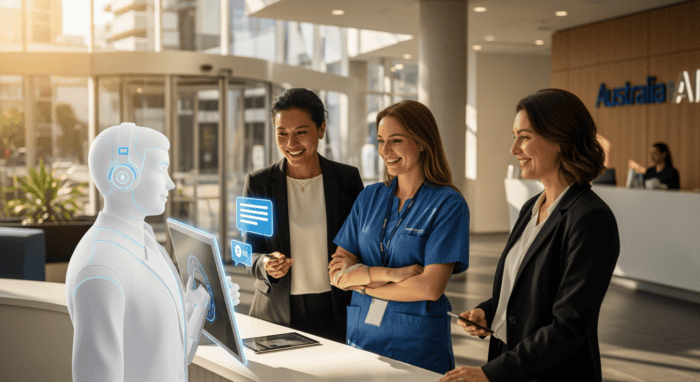 Three women engaging with an AI-powered robot at a technology conference, showcasing AiDial's innovative customer service automation solutions for businesses.