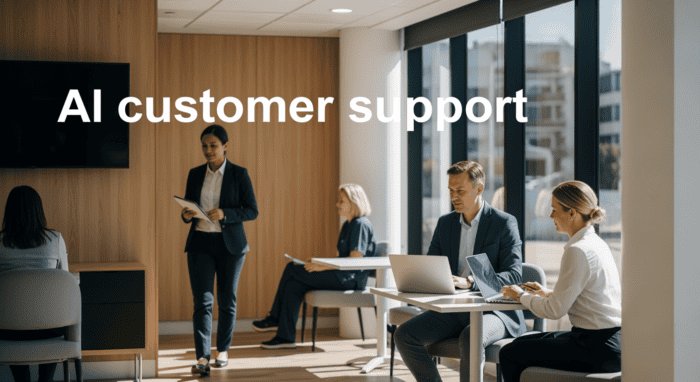 Business professionals engaging in AI-powered customer support discussion in a contemporary office, highlighting innovative AI solutions for customer service excellence.