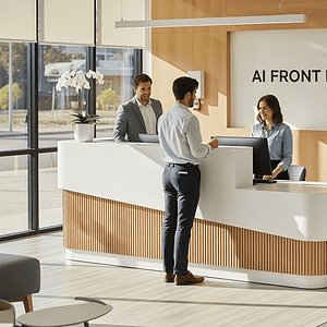 Modern AI-powered front desk with staff assisting visitors, featuring a digital kiosk and welcoming environment at AiDial office reception.