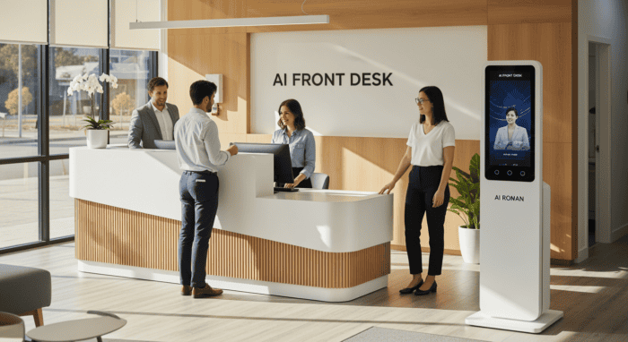 Modern AI-powered front desk with staff assisting visitors, featuring a digital kiosk and welcoming environment at AiDial office reception.