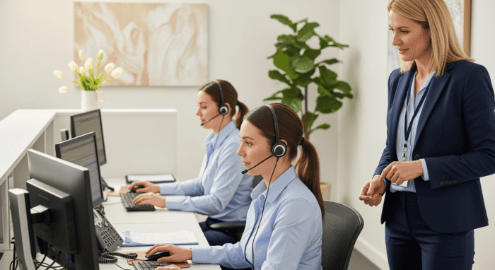 Professional customer support team using headsets at computers in a modern office, providing efficient call center services with AI-powered solutions.