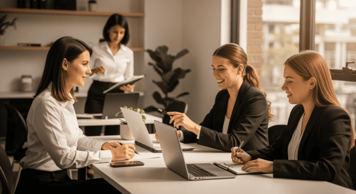 Professional women collaborating during a business meeting in a modern office, showcasing teamwork, communication, and corporate success.