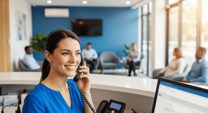 Friendly customer service agent in a call center, providing support with colleagues in the background, emphasizing professional communication and client assistance.