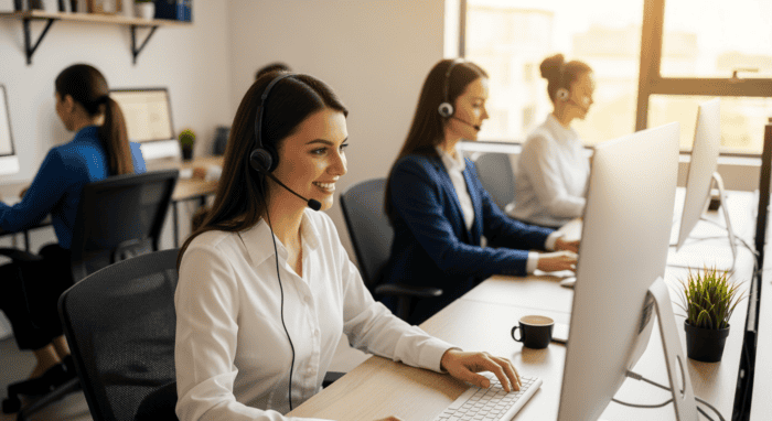 Customer support agents using headsets and computers in a modern call center, providing professional assistance and engaging with clients efficiently.